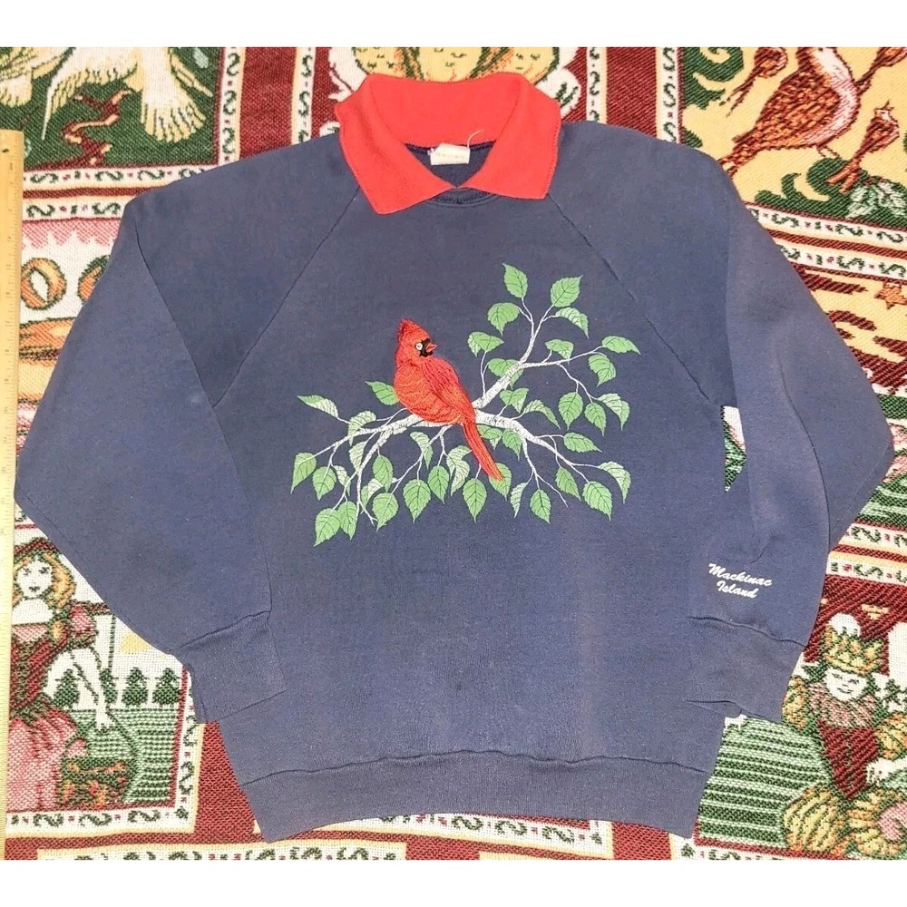 Vintage Mackinac Island Sweater Collared Red Cardinal Small 1990 Cottagecore
